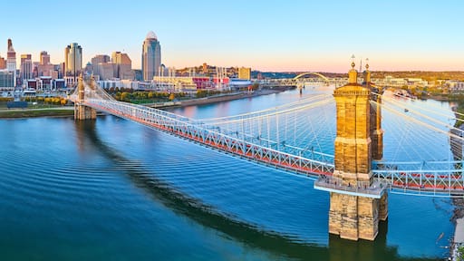 Aerial Panorama of John A. Roebling Bridge and Cincinnati Skyline at Golden Hour