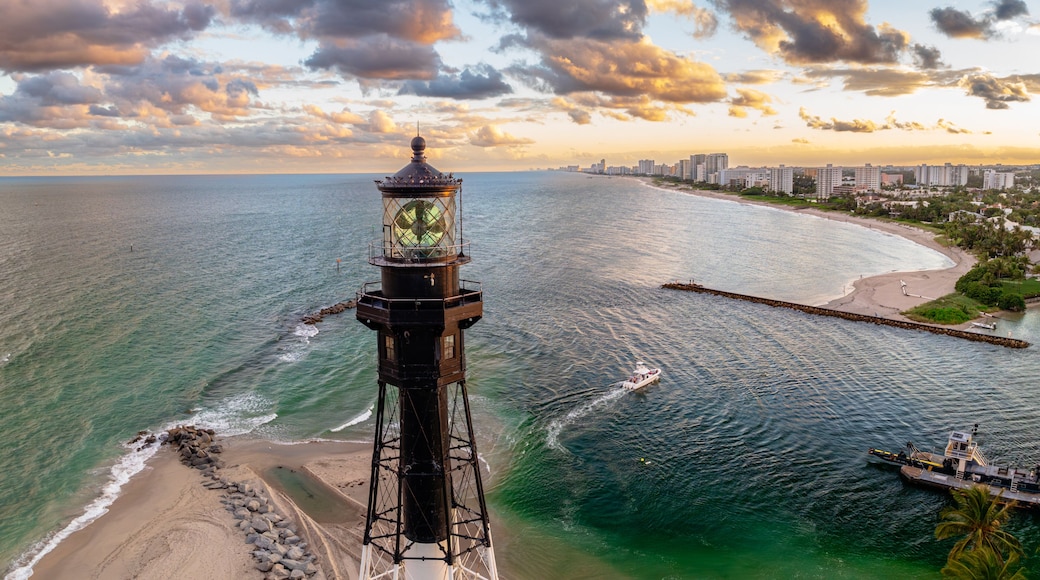 aerial drone view of a Lighthouse on beach - Hillsboro inlet, florida