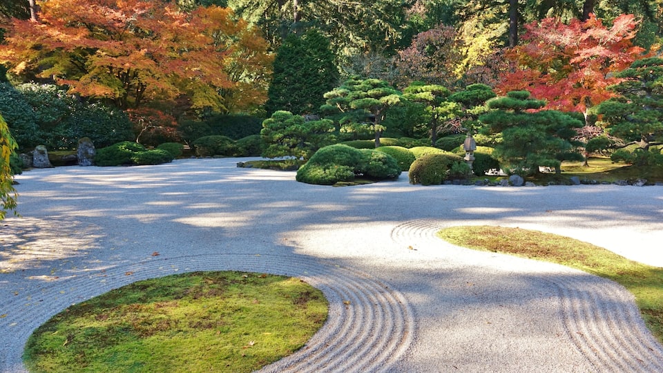 Autumn view of the landmark Portland Japanese Garden in Portland, Oregon