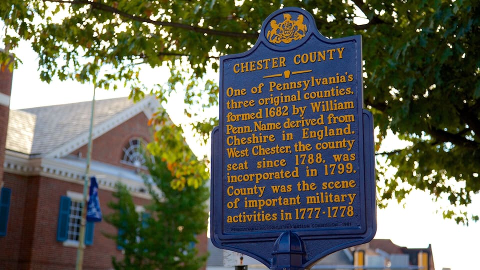 A historical marker sign for Chester County, Pennsylvania, detailing its formation in 1682, military significance in 1777-1778, and incorporation in 1799.