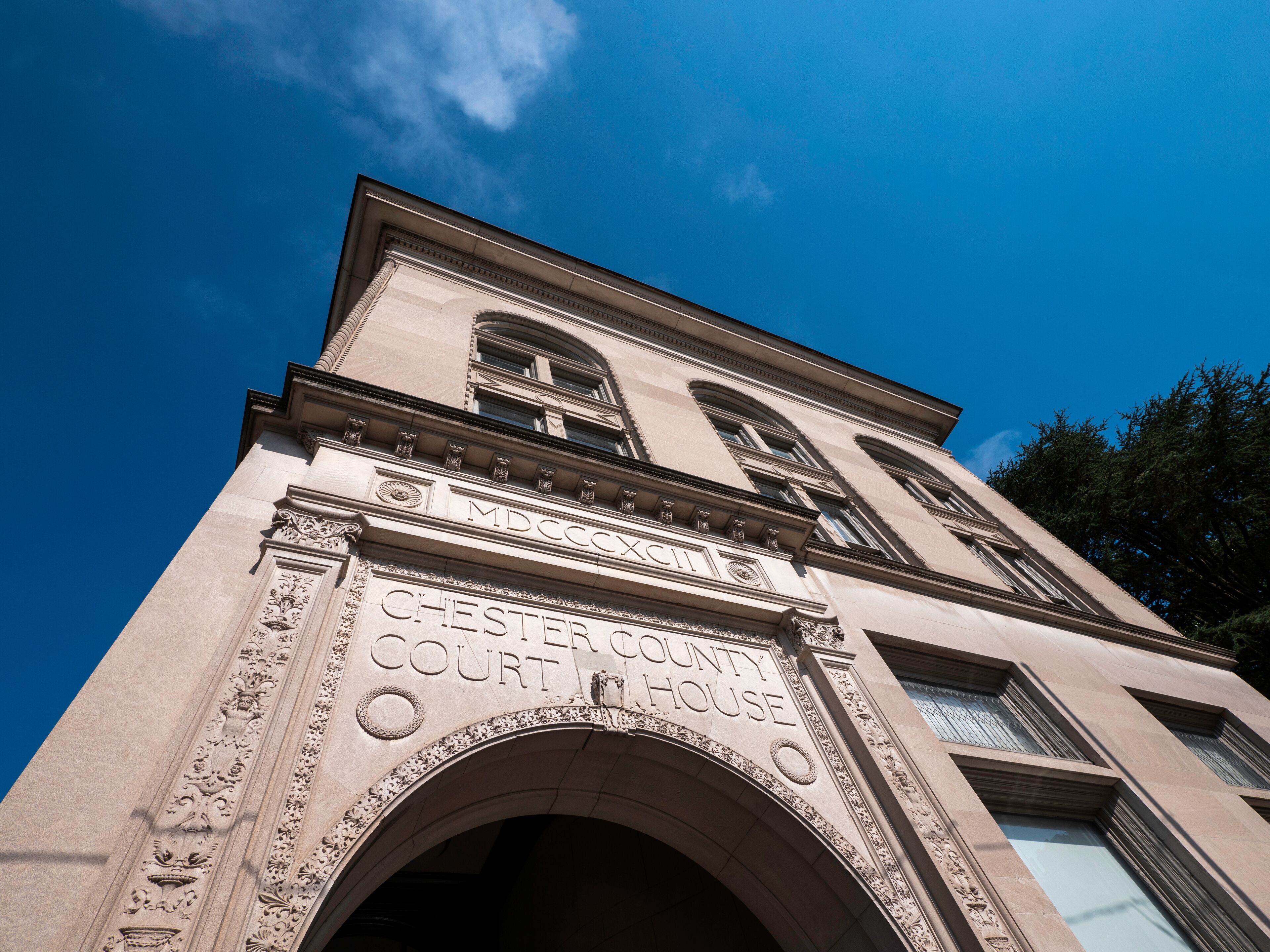 The Chester County Court House with its classical architecture and detailed carvings.