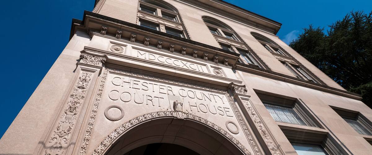 The Chester County Court House with its classical architecture and detailed carvings.