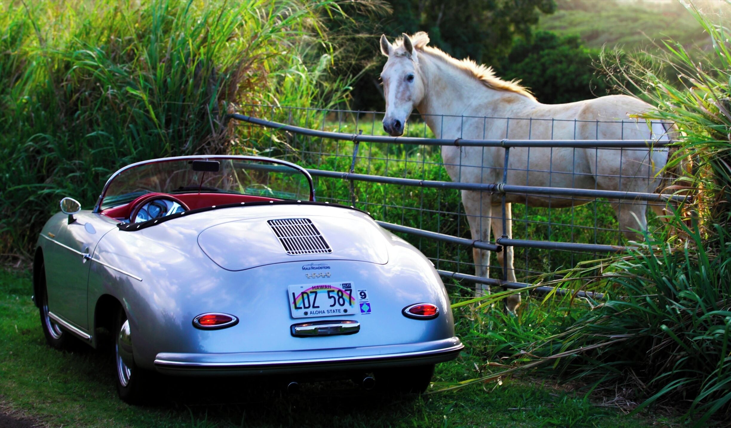 A vintage convertible car parked near a fence with a horse in the background.