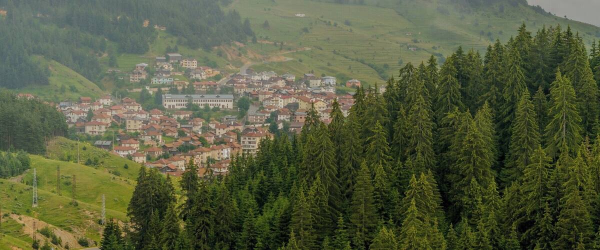 A town nestled in a valley surrounded by dense forests and hills.