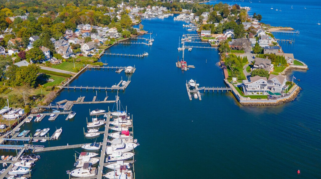Pawtuxet Cove aerial view in the village in fall between city of Cranston and Warwick, Rhode Island RI, USA. Here is Pawtuxet River mouth to Providence River.
