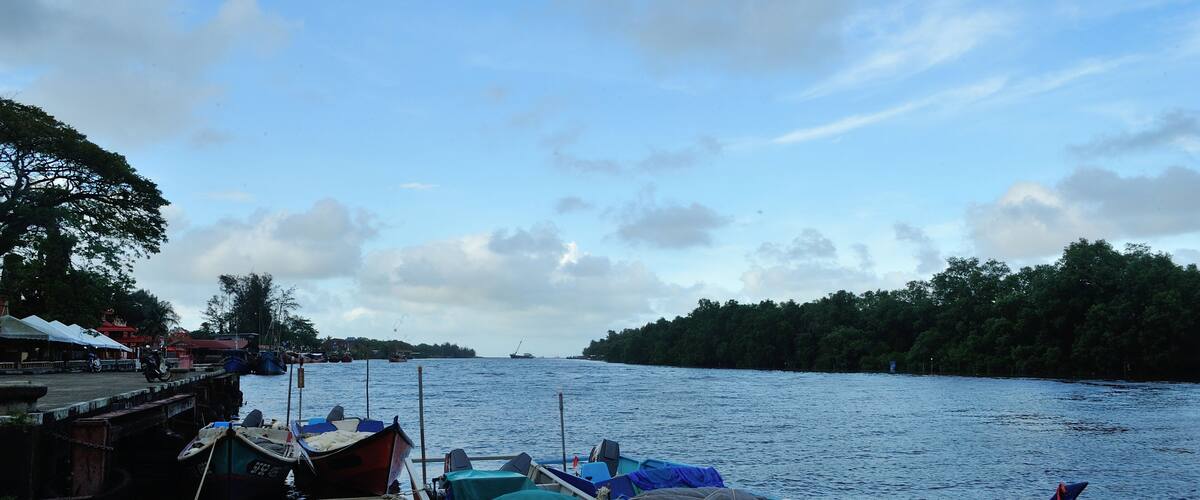 Several traditional fishing boats are docked along the riverbank and lush green foliage lines the opposite shore.