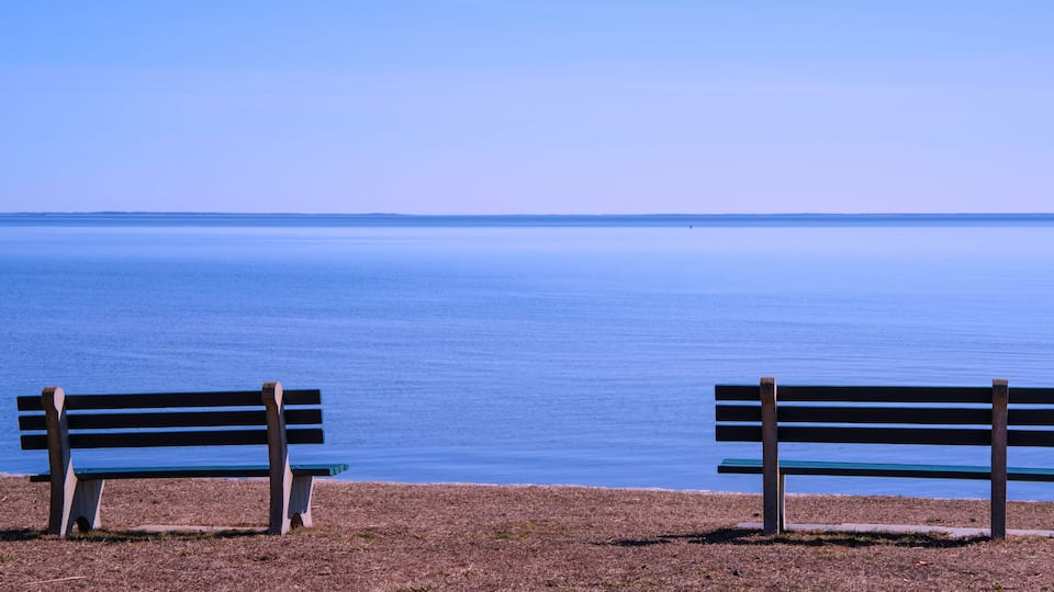 Two wooden benches facing a calm body of water under a clear sky.
