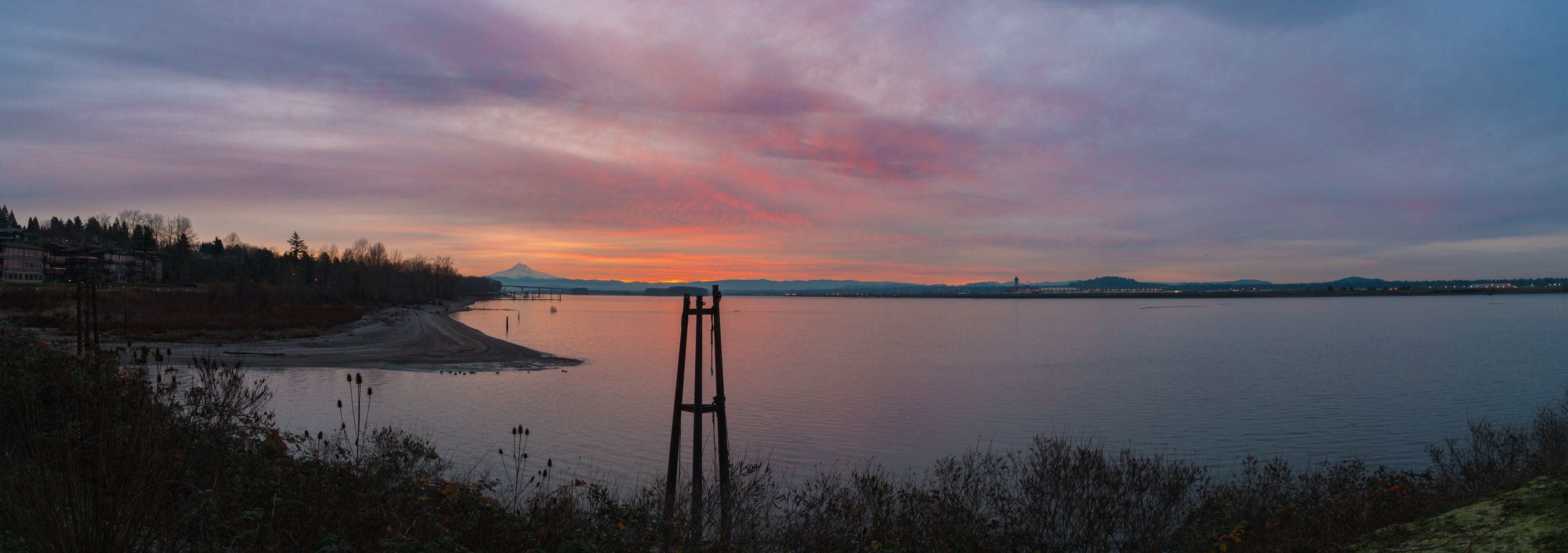 Panoramic sunrise landscape over Columbia River, Mt Hood, Portland Oregon, and Vancouver Washington, Pacific Northwest United States
