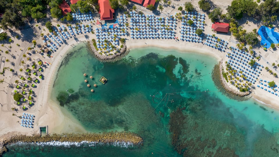 An aerial view of a beach with clear turquoise waters, organized rows of blue umbrellas, and a few scattered palm trees.