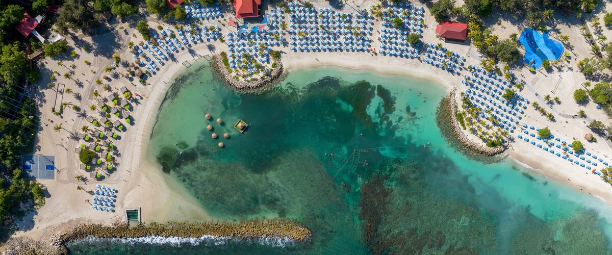 An aerial view of a beach with clear turquoise waters, organized rows of blue umbrellas, and a few scattered palm trees.