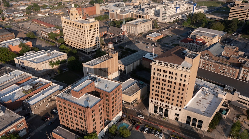 Monroe, Louisiana, USA - April 4, 2024: Afternoon sunlight shines on the historic buildings in the skyline of downtown Monroe.