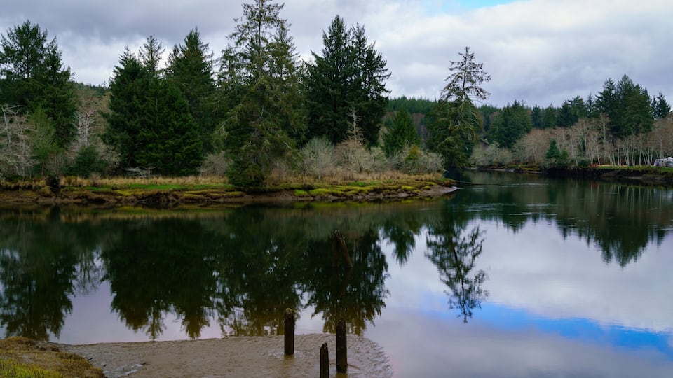 A calm river reflecting trees and a cloudy sky.