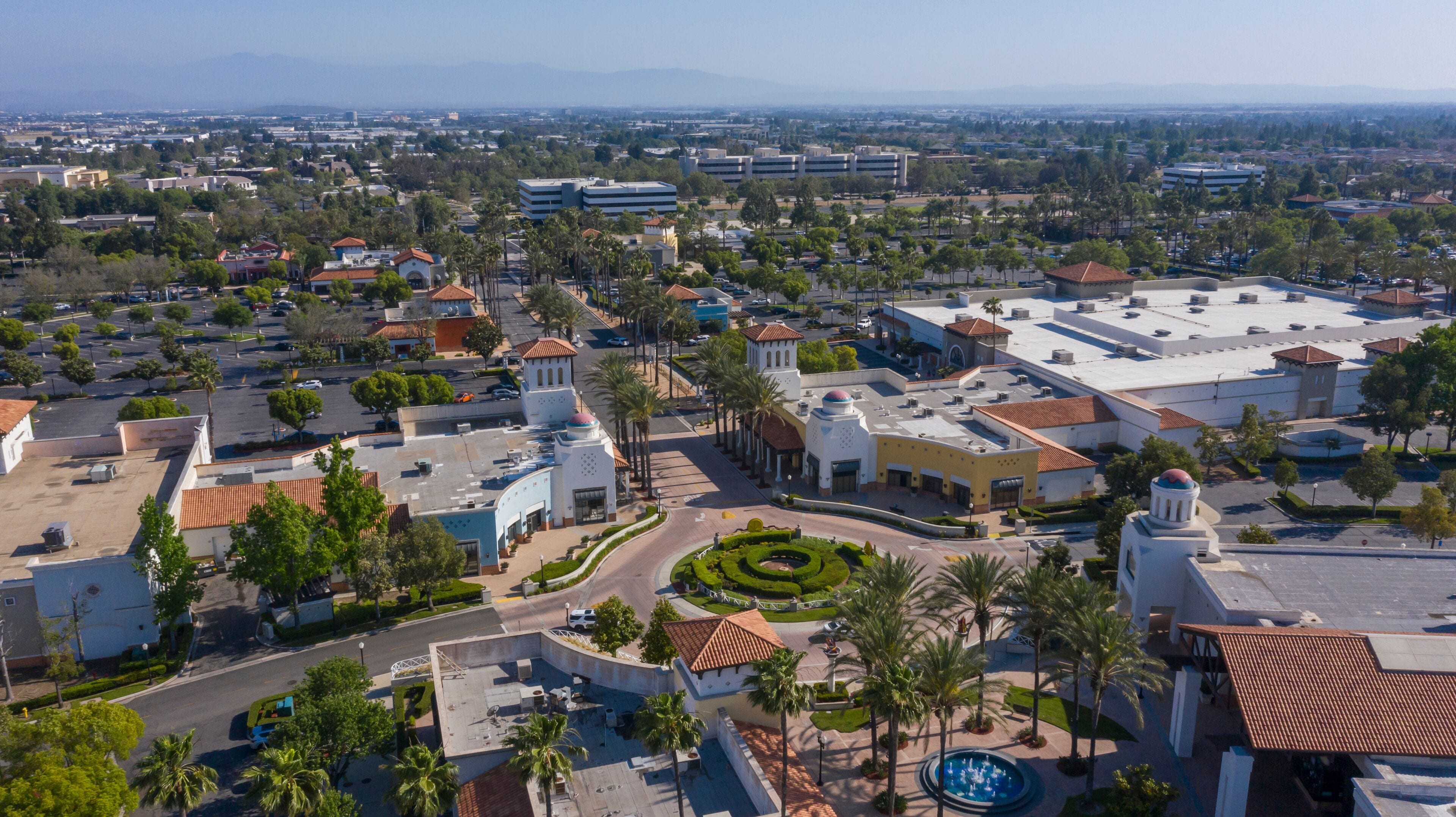 Daytime aerial view of downtown Rancho Cucamonga, California, USA.