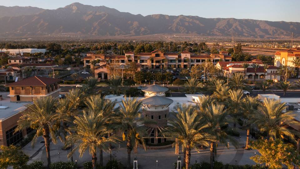 Sunset aerial view of the urban core of downtown Rancho Cucamonga, California, USA.