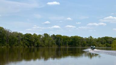 Boat on calm scenic river on a bright sunny day