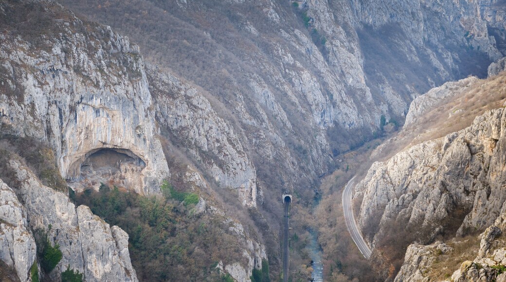 Sicevacka gorge (klisura), road, railway and massive cave from a impressive viewpoint of narrow canyon