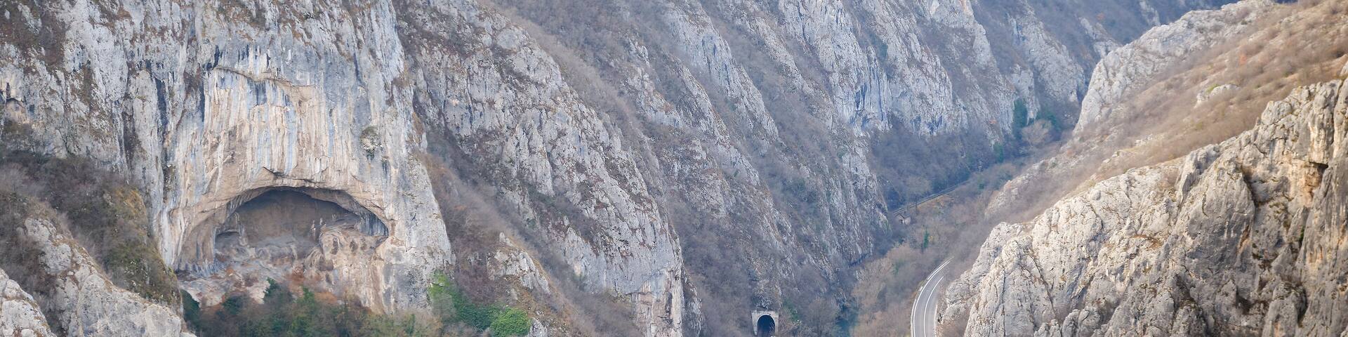 Sicevacka gorge (klisura), road, railway and massive cave from a impressive viewpoint of narrow canyon