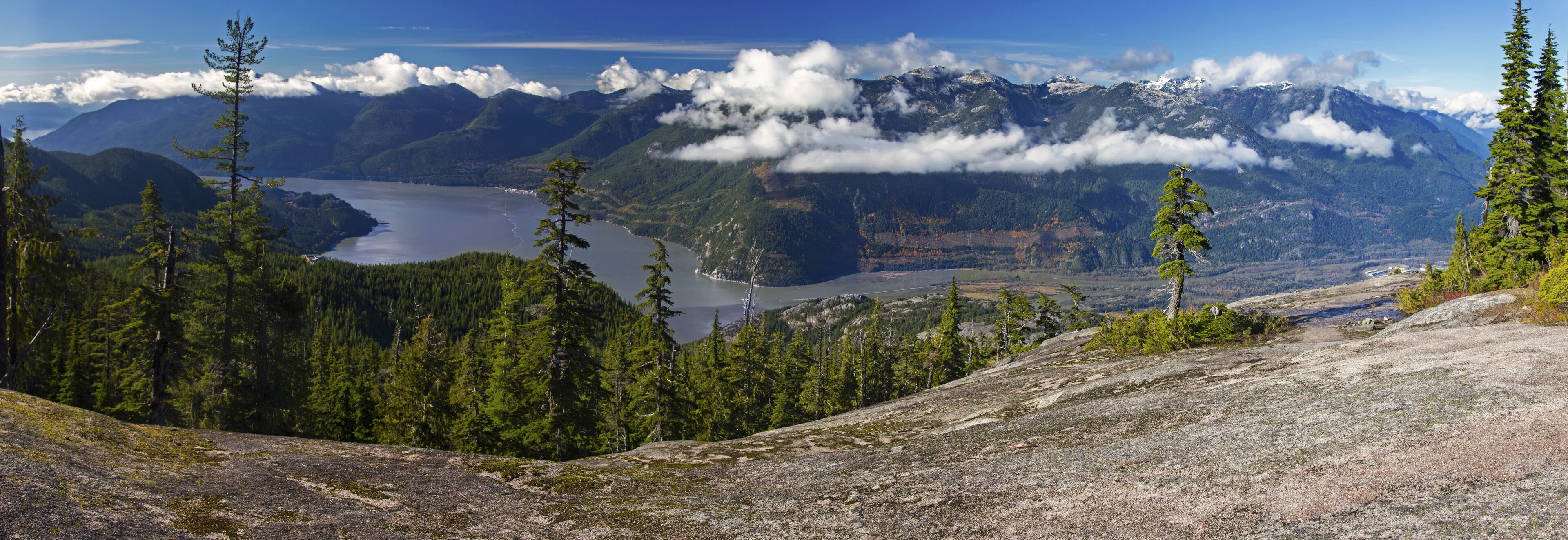 Wide Panoramic Scenic View of Howe Sound and Tantalus Mountain Range from Habrich Ridge above Sea to Sky Gondola near Squamish, British Columbia, Canada