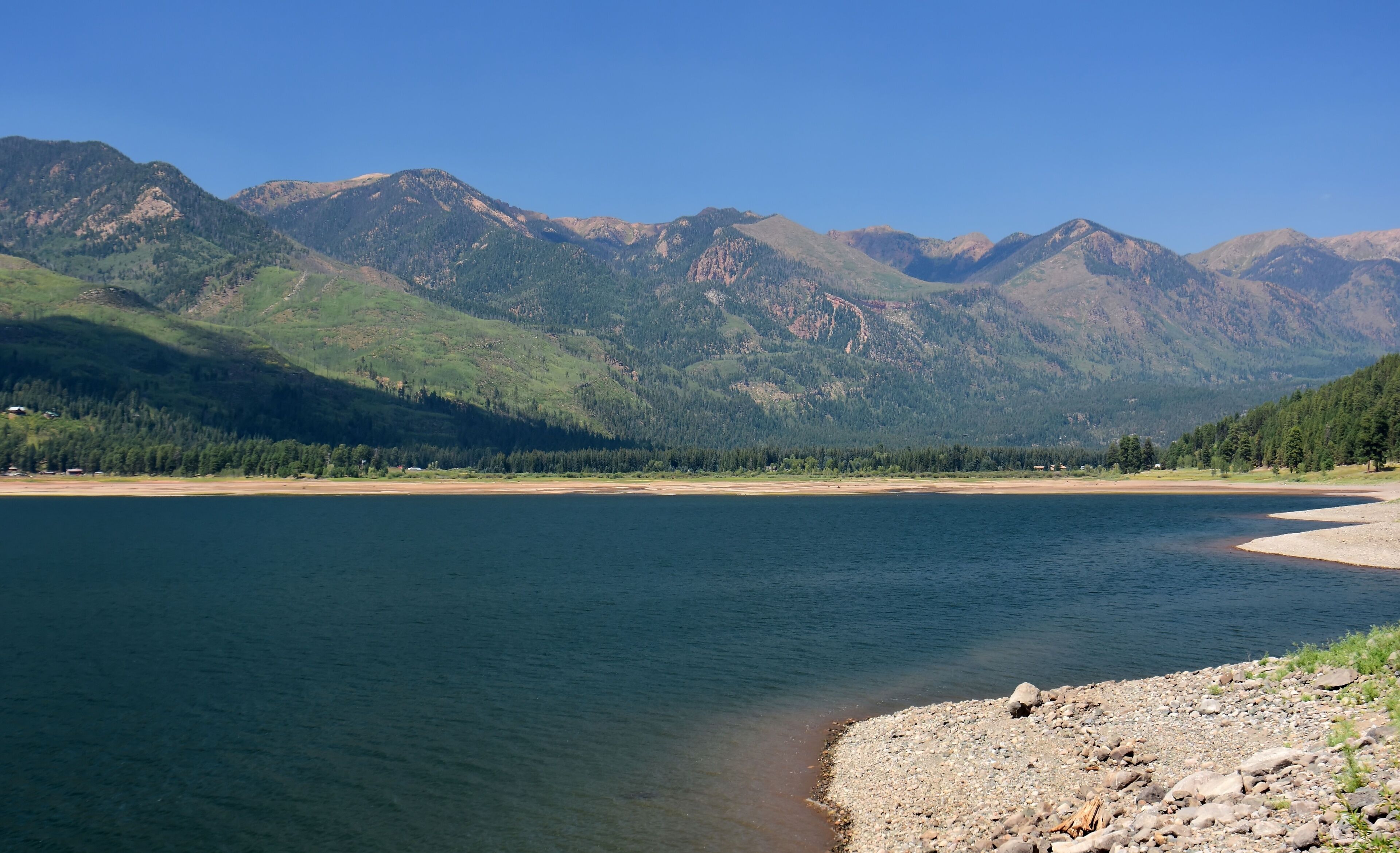 spectacular vallecito reservoir and surrounding mountain peaks on a sunny summer day in the san juan national forest, near durango, colorado