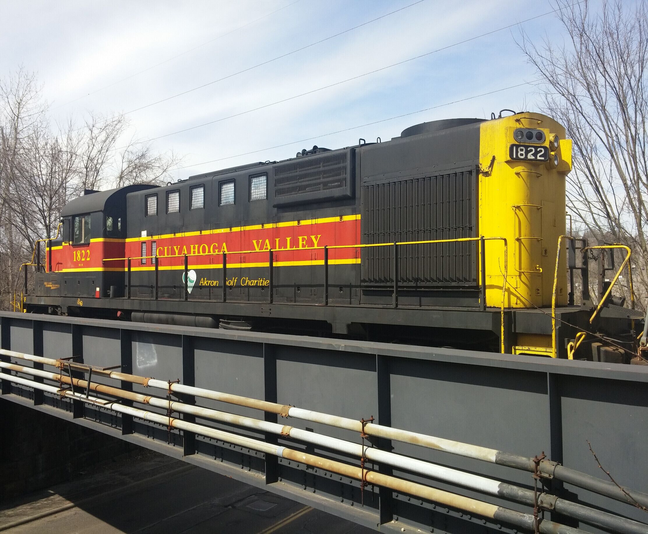 The Cuyahoga Valley Scenic Railroad travels south from Independence, OH through the Cuyahoga Valley National Park and winds up in Akron, OH. 

For $18 you can take the train for a three hour round trip through the park. You can stay on the train the entire journey, or you can get off and explore one of the small towns the train passes through.

They have an option to load your bike on the train so you can ride the train as far as you want and bike the rest of the journey.

They have breakfast trains, brunch trains, wine trains, beer trains...

#NationalPark