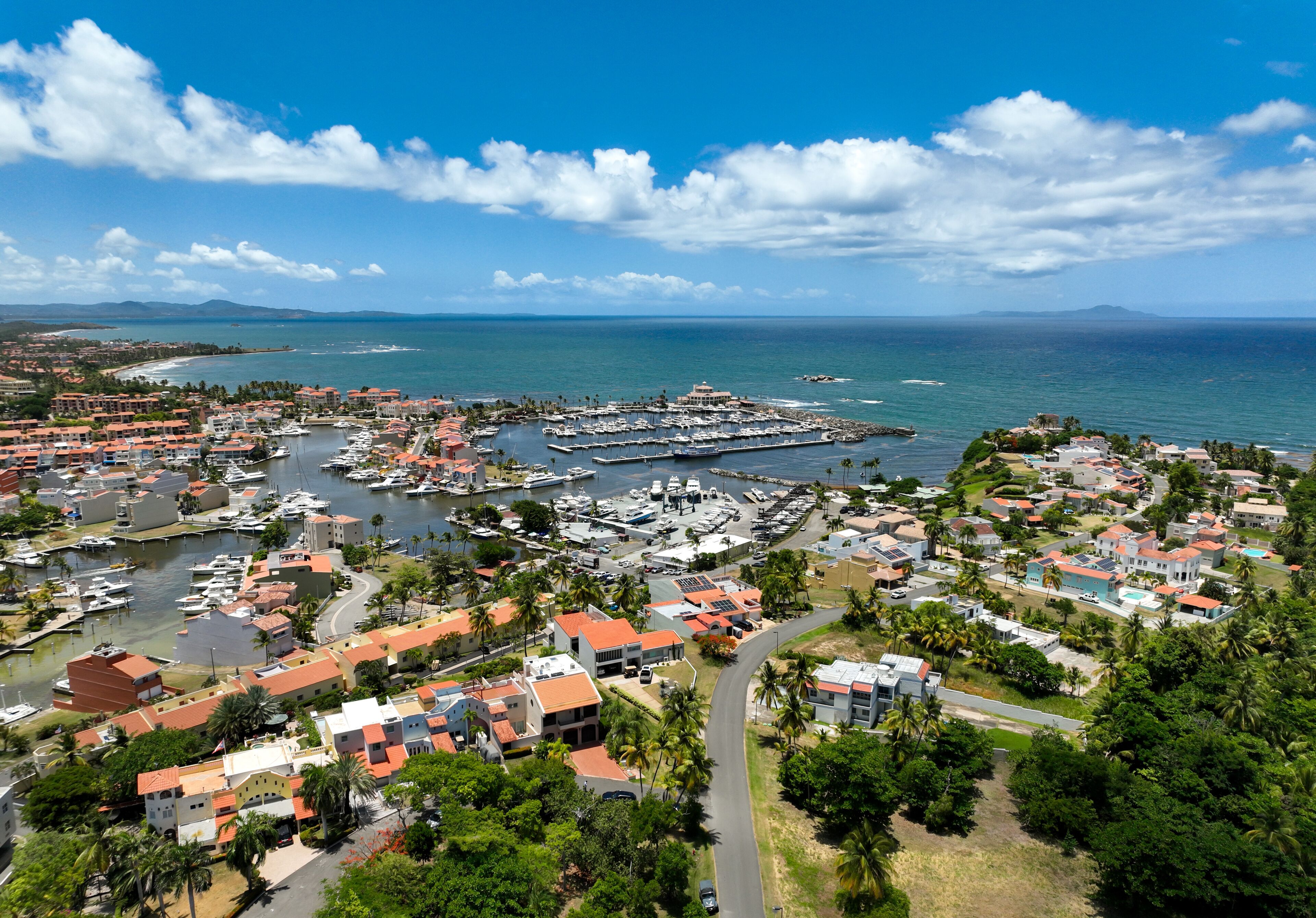 Aerial Vantage of Harbour View and Yacht Marina in the southern community of  Palmas del Mar, Humacao, Puerto Rico