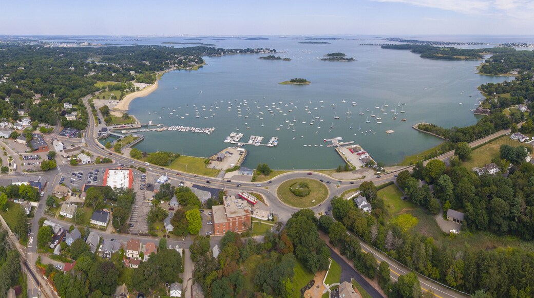 Hingham Harbor panorama aerial view in Hingham near Boston, Massachusetts, USA.