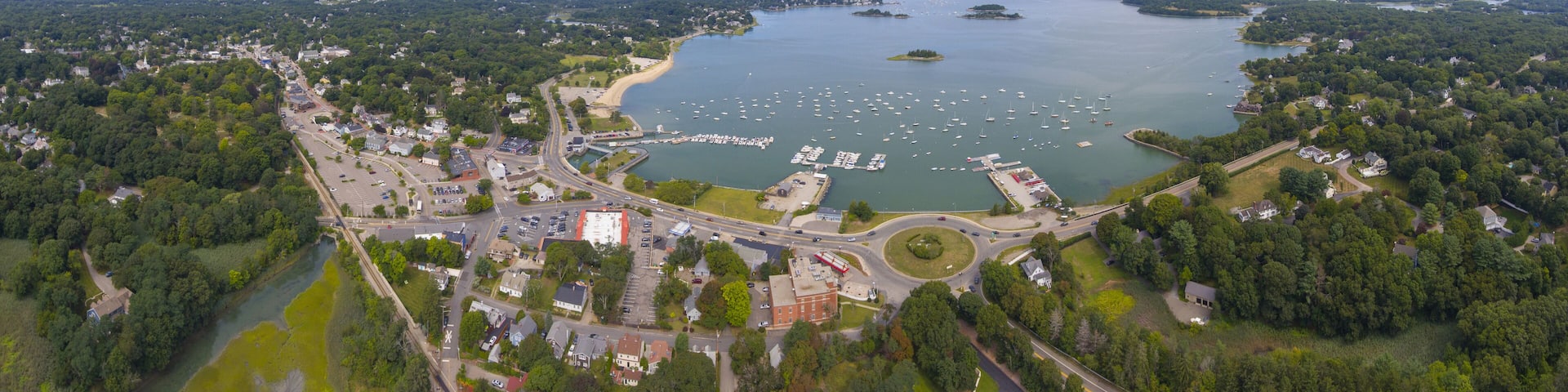 Hingham Harbor panorama aerial view in Hingham near Boston, Massachusetts, USA.