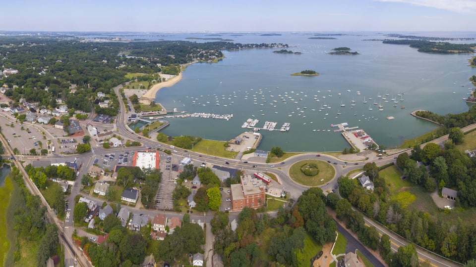 Hingham Harbor panorama aerial view in Hingham near Boston, Massachusetts, USA.
