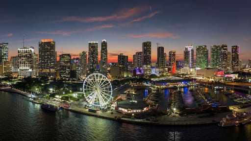 American urban landscape at night. Miami marina and Skyviews Observation Wheel at Bayside Marketplace with reflections in Biscayne Bay water and skyscrapers of Brickell, city's financial center