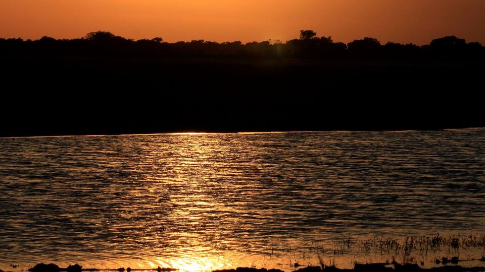 A sunset over a body of water with a silhouette of trees in the distance.
