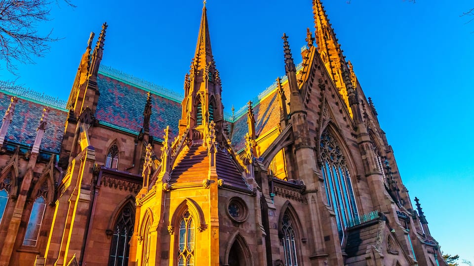 A Gothic-style church with pointed arches and intricate stonework.