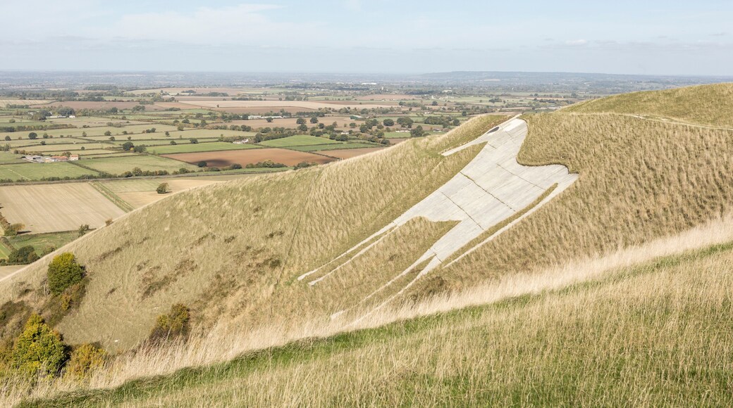 View from Westbury White Horse. Hill figure created by exposing white chalk on the escarpment of Salisbury Plain in Wiltshire, UK