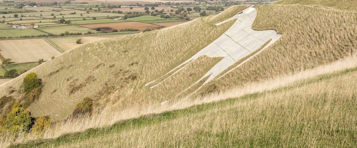 View from Westbury White Horse. Hill figure created by exposing white chalk on the escarpment of Salisbury Plain in Wiltshire, UK