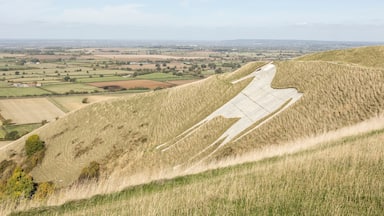 View from Westbury White Horse. Hill figure created by exposing white chalk on the escarpment of Salisbury Plain in Wiltshire, UK