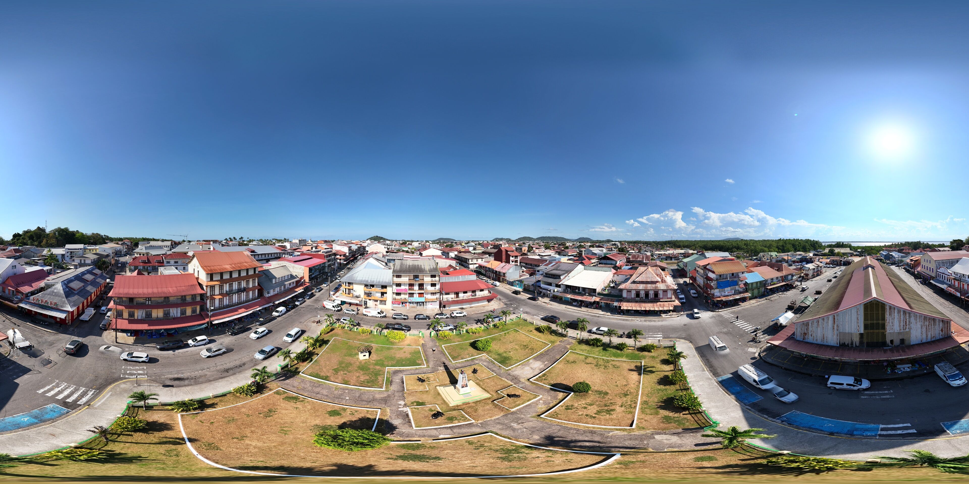 360 aerial photo taken with drone of Cayenne Market in Cayenne, French Guiana, France
