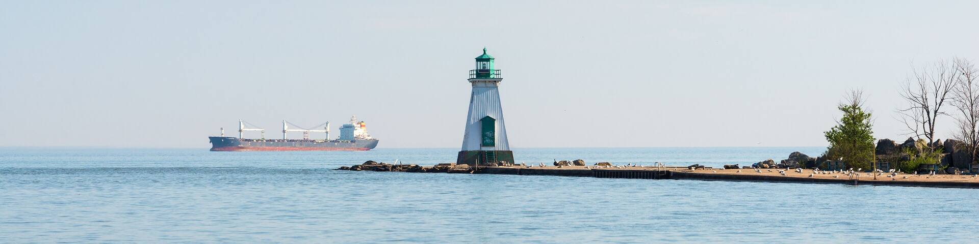 Port Dalhousie Lighthouse and a freight ship