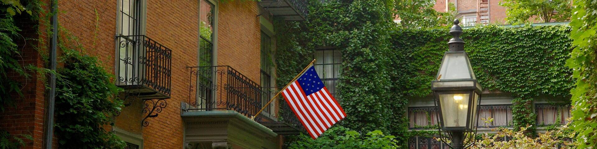 Explore the charming streets and lush greenery of Beacon Hill in Boston during a sunny day