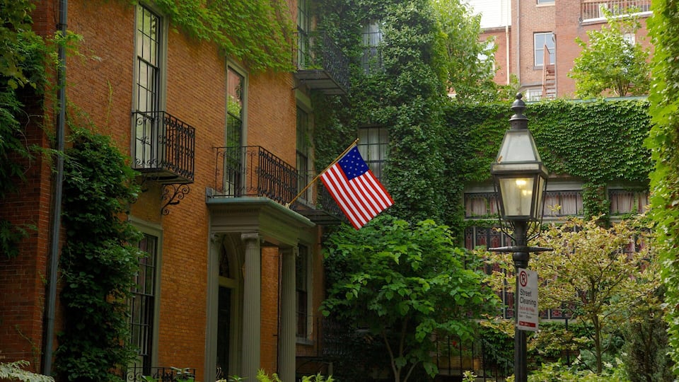 Explore the charming streets and lush greenery of Beacon Hill in Boston during a sunny day