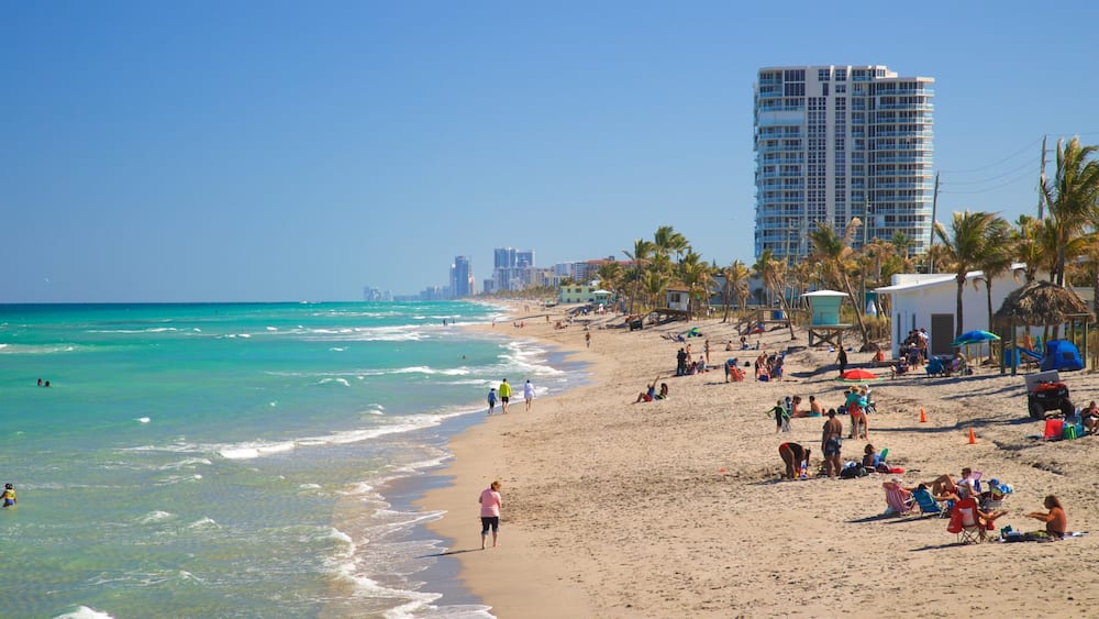 A beach with clear turquoise water, people sunbathing, and palm trees.