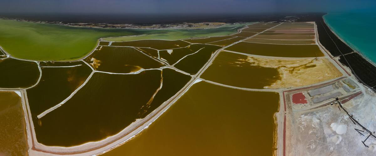A salt flat with distinct color variations and bordered by a coastline.