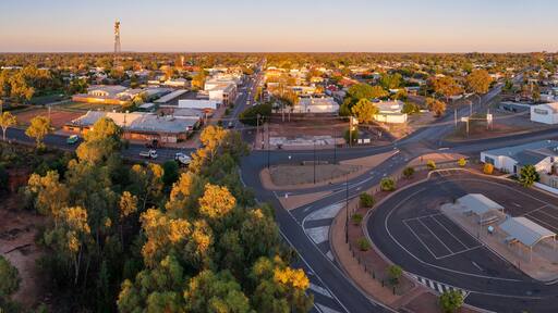 Panoramic aerial view of a regional town in early morning light