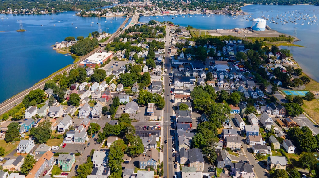 Aerial view of Salem Neck historic district, Danvers River, Beverly Harbor and Essex Bridge connecting Salem and Beverly in City of Salem, Massachusetts MA, USA.
