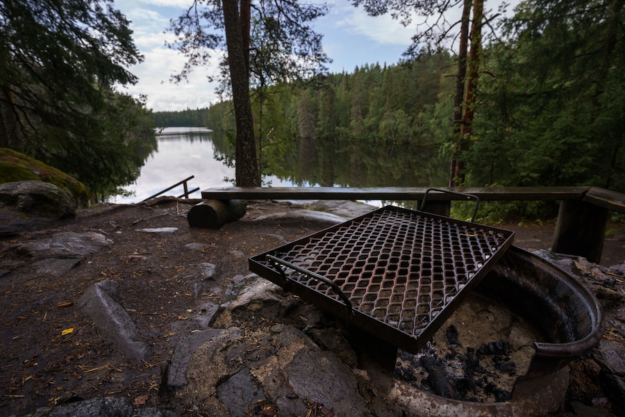 Metallinen grilli nuotion päällä, sen ympärillä kiviä ja puita, lähellä järveä.