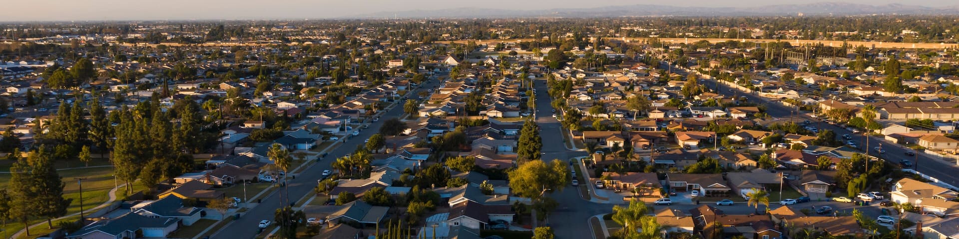 Sunset aerial view of a residential district in Westminster, California, USA.