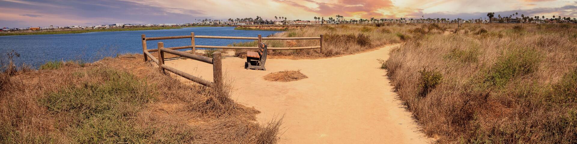 Bench overlooking the peaceful and tranquil marsh of Bolsa Chica wetlands