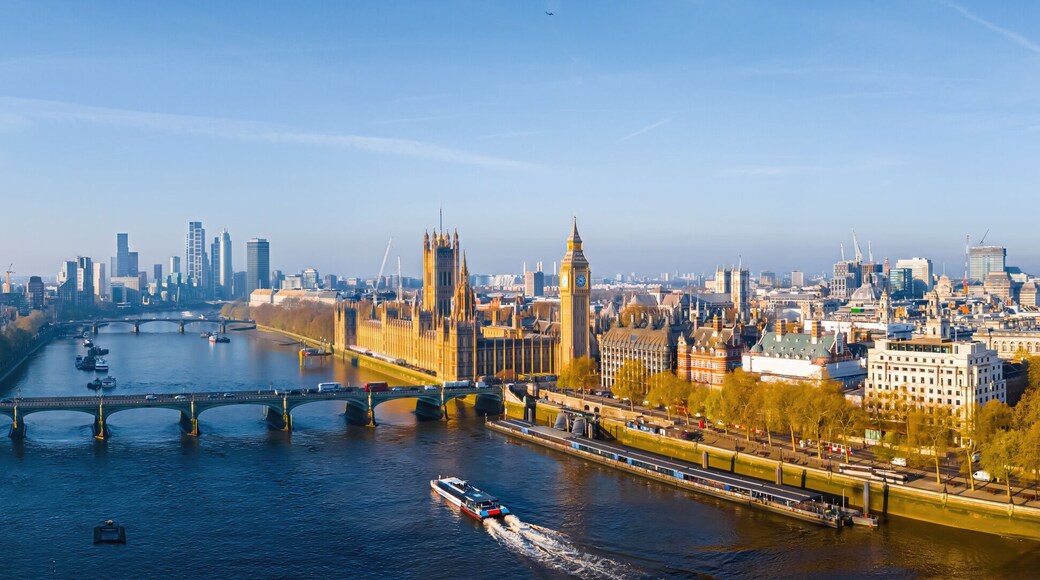 Iconic London skyline with London Eye in morning light over the Thames