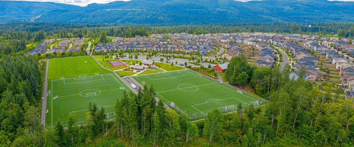 Snoqualmie Ridge Washington Aerial View Community Park Soccer Fields and Housing Development