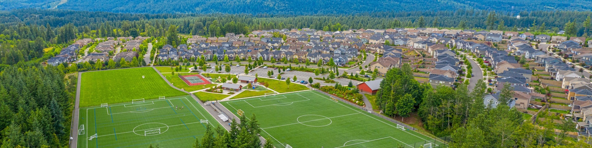 Snoqualmie Ridge Washington Aerial View Community Park Soccer Fields and Housing Development