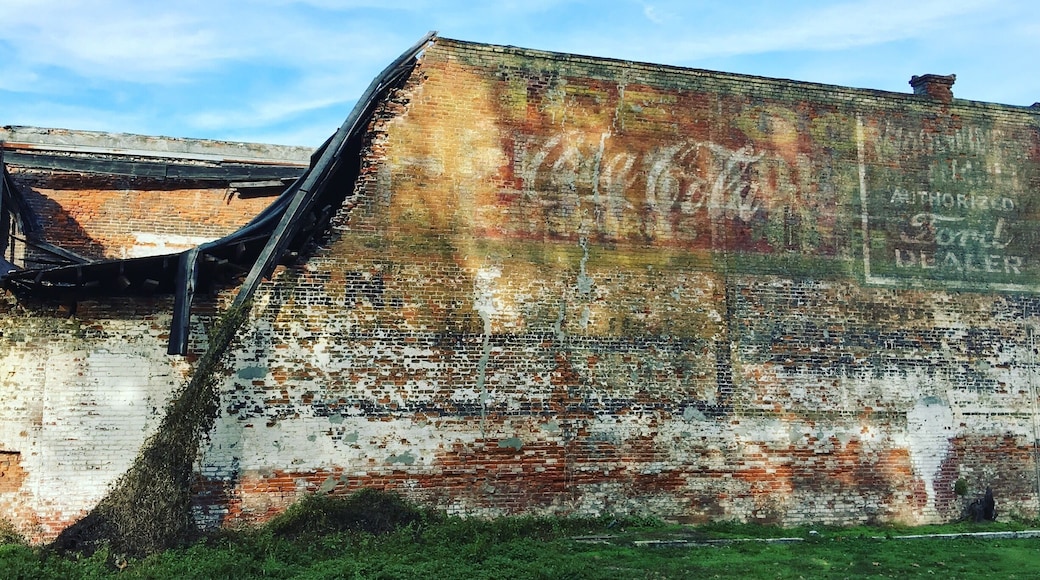 An old collating building in Yazoo City, Mississippi with Coca-Cola and Ford advertising.
