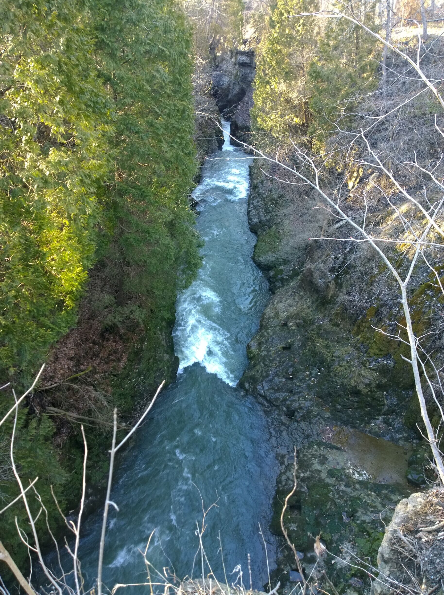 The Little Miami National Scenic River coursing through Clfton Gorge. 

The river narrows at many points throughout the gorge and at different points in history, various mills harnessed the water's power.